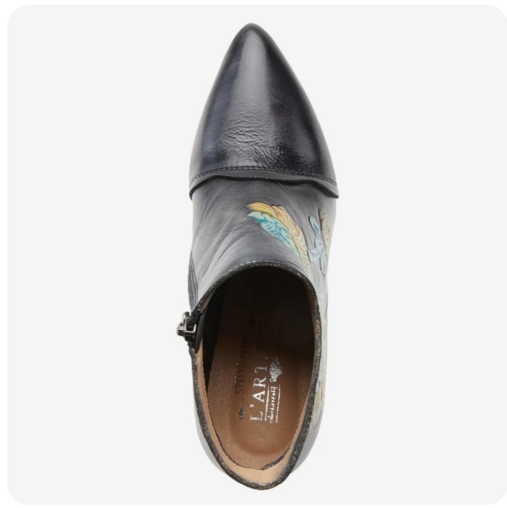 Black Leather Ankle Booties with Teal and Mustard Floral Detail - Picture 4 of 5